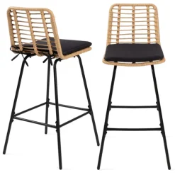 Lot de 2 tabourets de bar effet rotin pied métal noir