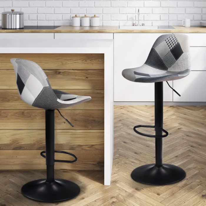 Lot de 2 tabourets de bar noirs réglables patchworks noirs, gris et blancs