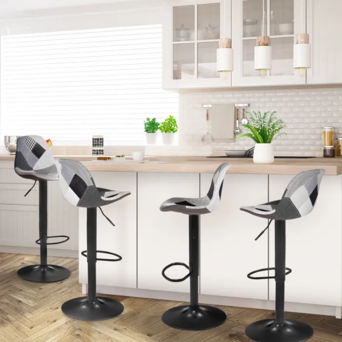 Lot de 4 tabourets de bar design patchworks noir, gris et blanc