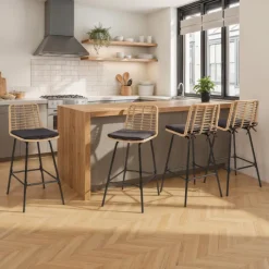 Lot de 4 tabourets de bar effet rotin pied métal noir