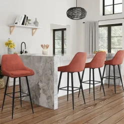 Lot de 4 tabourets de bar en velours terracotta avec demi-accoudoirs