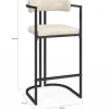 Lot de 4 tabourets de bar RONDY en tissu chenille écru avec accoudoirs et pieds en métal noir