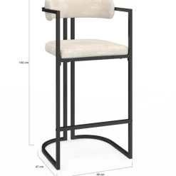 Lot de 4 tabourets de bar RONDY en tissu chenille écru avec accoudoirs et pieds en métal noir