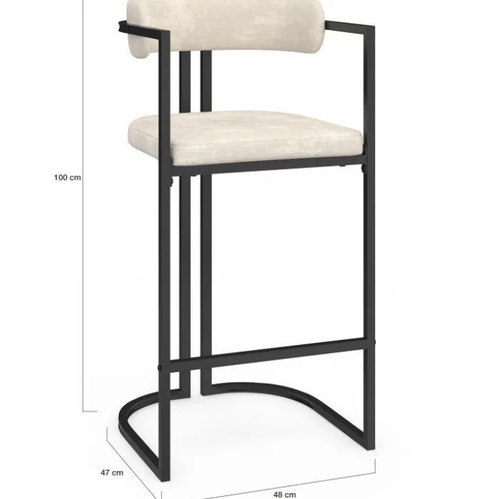 Lot de 4 tabourets de bar RONDY en tissu chenille écru avec accoudoirs et pieds en métal noir