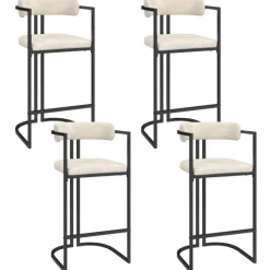 Lot de 4 tabourets de bar RONDY en tissu chenille écru avec accoudoirs et pieds en métal noir