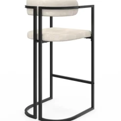 Lot de 4 tabourets de bar RONDY en tissu chenille écru avec accoudoirs et pieds en métal noir