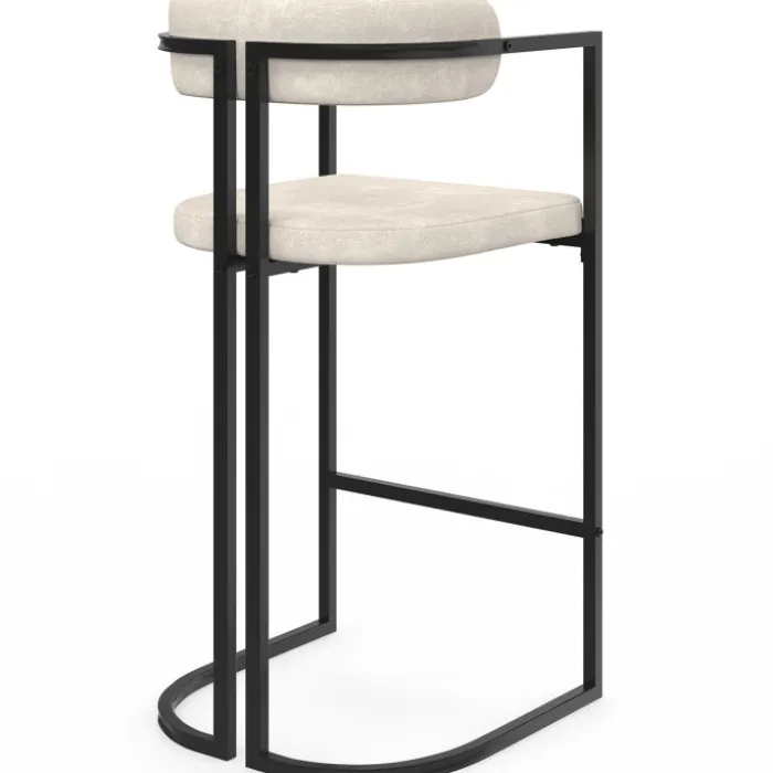 Lot de 4 tabourets de bar RONDY en tissu chenille écru avec accoudoirs et pieds en métal noir