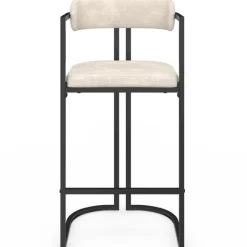 Lot de 4 tabourets de bar RONDY en tissu chenille écru avec accoudoirs et pieds en métal noir