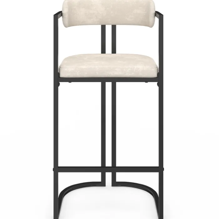 Lot de 4 tabourets de bar RONDY en tissu chenille écru avec accoudoirs et pieds en métal noir