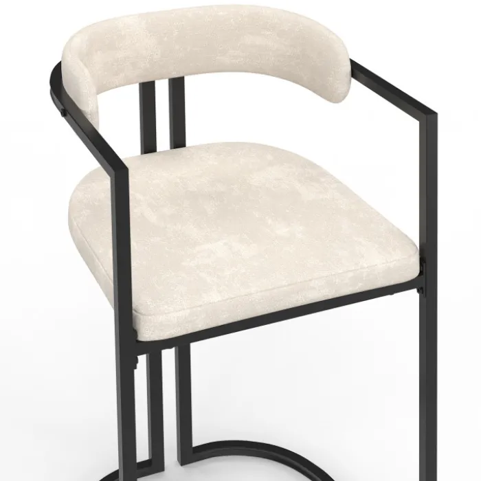Lot de 4 tabourets de bar RONDY en tissu chenille écru avec accoudoirs et pieds en métal noir