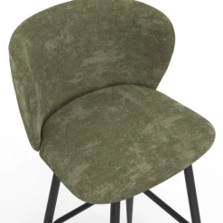 Lot de 4 tabourets de bar assise en chenille vert kaki et pieds en métal noir