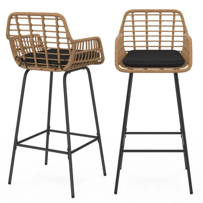 Lot de 2 tabourets de bar avec accoudoirs effet rotin beige pieds métal noir