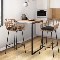 Lot de 2 tabourets de bar avec accoudoirs effet rotin beige pieds métal noir