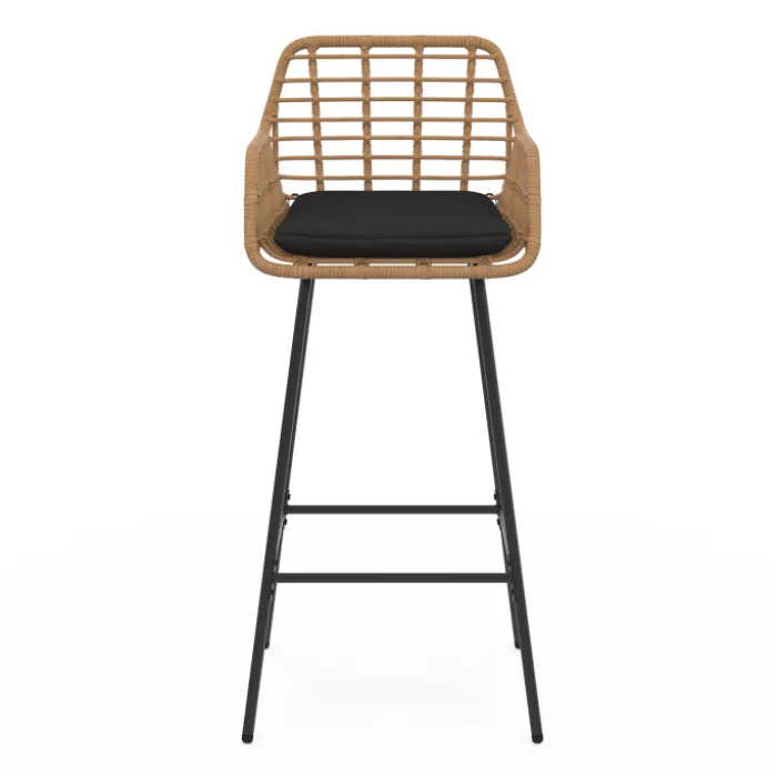 Lot de 2 tabourets de bar avec accoudoirs effet rotin beige pieds métal noir