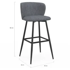 Lot de 4 tabourets de bar assise en tissu gris foncé et pieds en métal noir