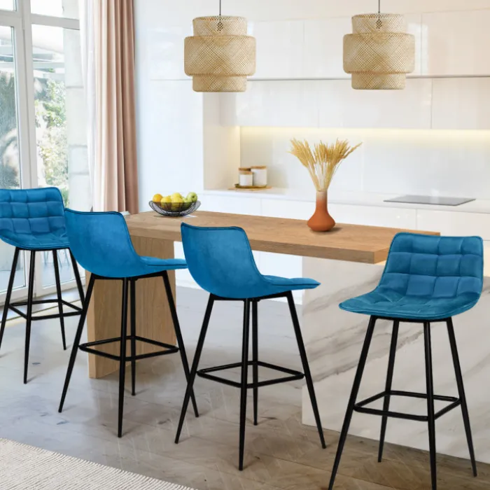 Lot de 4 tabourets en velours bleu canard matelassé