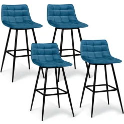 Lot de 4 tabourets en velours bleu canard matelassé