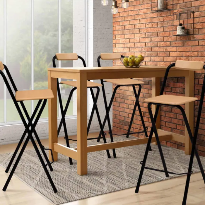 Lot de 4 tabourets hauts pliants industriels noir et bois