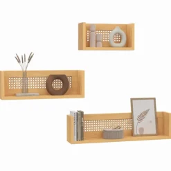 Lot de 3 étagères murales bois et cannage 60/45/30 cm
