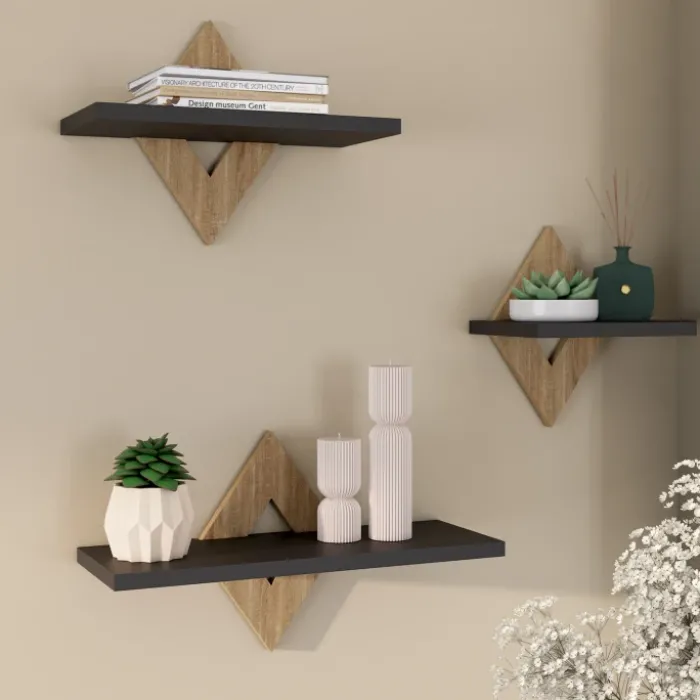 Lot de 3 étagères murales couleur hêtre et noir