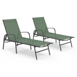 Lot de 2 transats de jardin inclinables en acier et toile vert olive