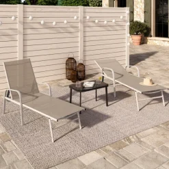 Lot de 2 transats de jardin inclinables en acier blanc et toile beige