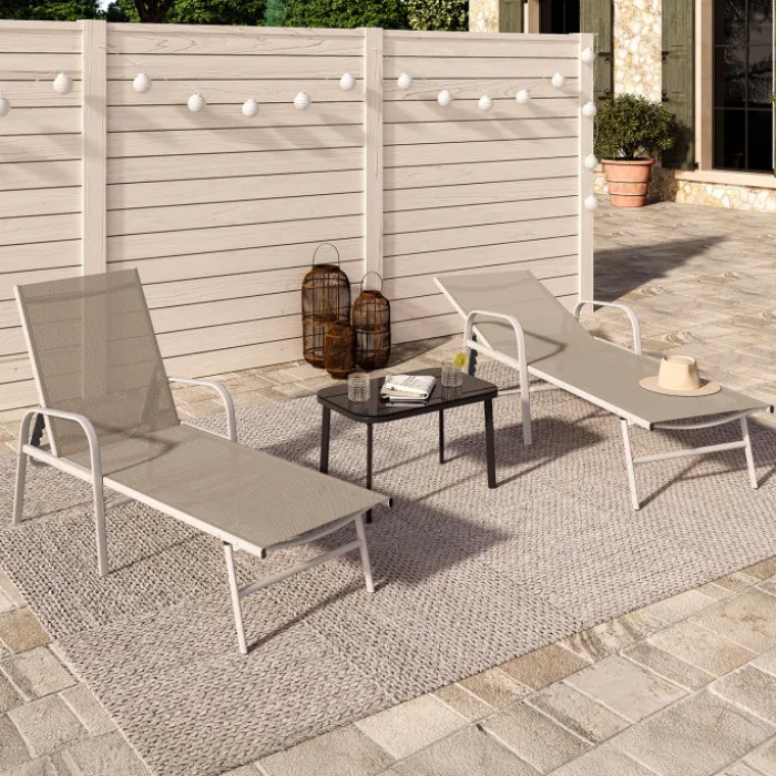 Lot de 2 transats de jardin inclinables en acier blanc et toile beige