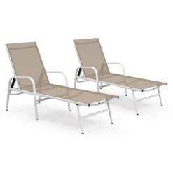 Lot de 2 transats de jardin inclinables en acier blanc et toile beige