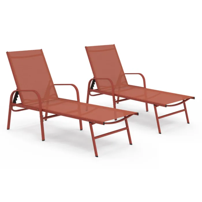 Lot de 2 transats de jardin inclinables en acier et toile terracotta