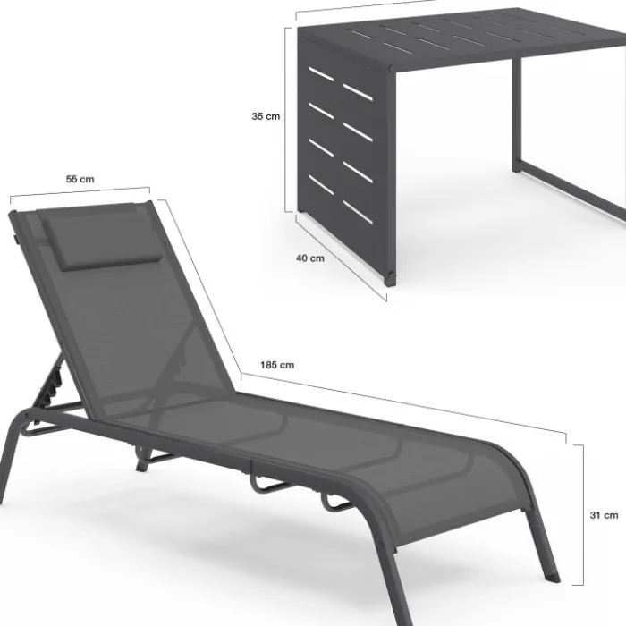 Lot de 2 transats de jardin inclinables avec table d'appoint modulable en acier gris anthracite et toile grise