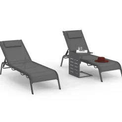 Lot de 2 transats de jardin inclinables avec table d'appoint modulable en acier gris anthracite et toile grise