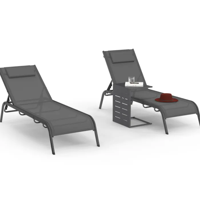 Lot de 2 transats de jardin inclinables avec table d'appoint modulable en acier gris anthracite et toile grise