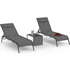 Lot de 2 transats de jardin inclinables avec table d'appoint modulable en acier gris anthracite et toile grise