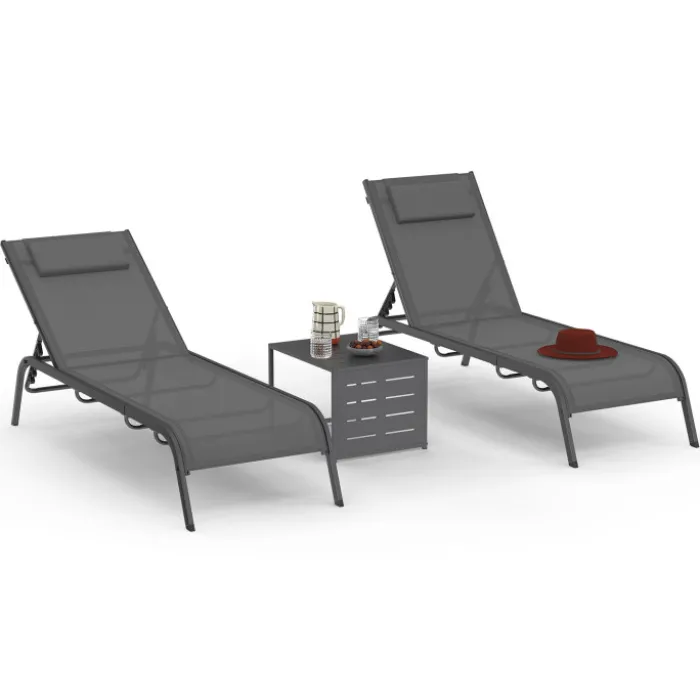 Lot de 2 transats de jardin inclinables avec table d'appoint modulable en acier gris anthracite et toile grise