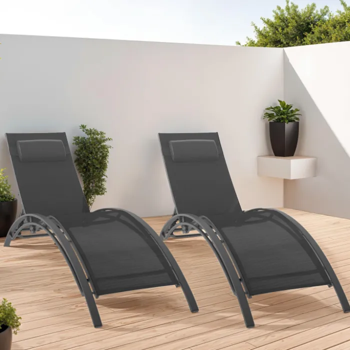 Lot de 2 transats de jardin inclinables en acier avec coussin et toile gris anthracite