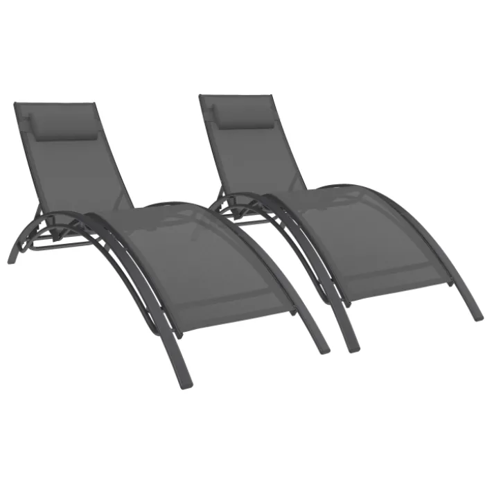 Lot de 2 transats de jardin inclinables en acier avec coussin et toile gris anthracite