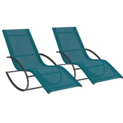 Lot de 2 transats de jardin à bascule gris anthracite et toile bleu canard
