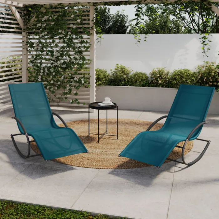 Lot de 2 transats de jardin à bascule gris anthracite et toile bleu canard