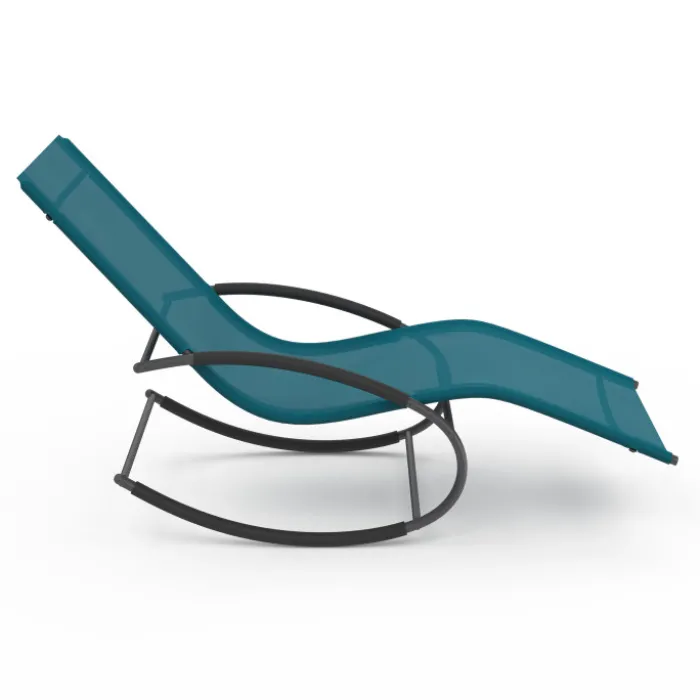Lot de 2 transats de jardin à bascule gris anthracite et toile bleu canard