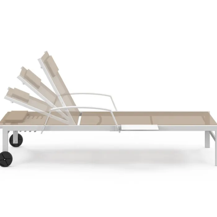 Lot de 2 transats de jardin inclinables avec tablettes en acier blanc et toile beige