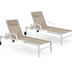 Lot de 2 transats de jardin inclinables avec tablettes en acier blanc et toile beige