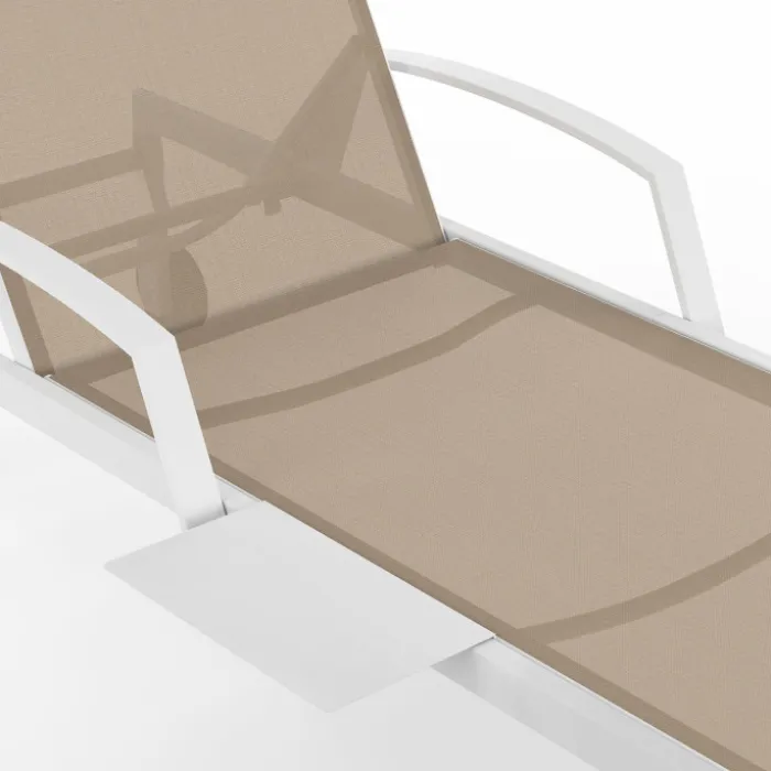 Lot de 2 transats de jardin inclinables avec tablettes en acier blanc et toile beige