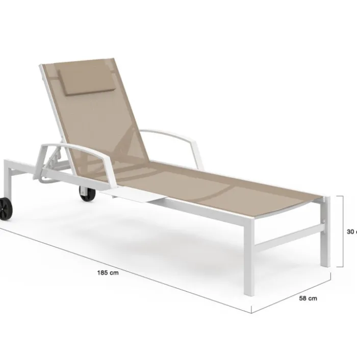 Lot de 2 transats de jardin inclinables avec tablettes en acier blanc et toile beige