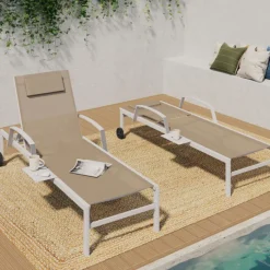 Lot de 2 transats de jardin inclinables avec tablettes en acier blanc et toile beige