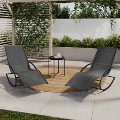 Lot de 2 transats de jardin à bascule gris en acier et avec une toile grise