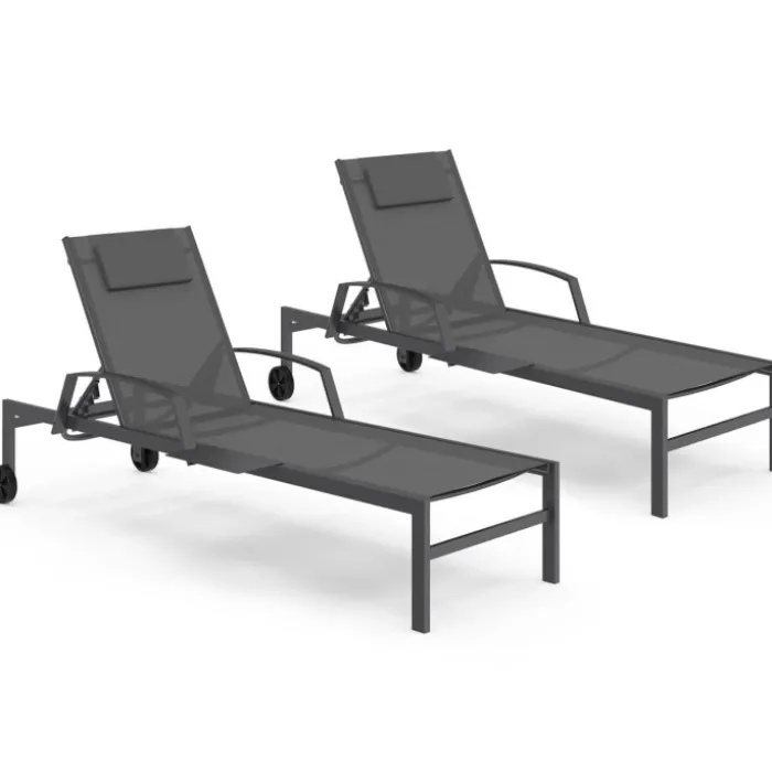 Lot de 2 transats de jardin inclinables avec tablettes en acier gris et toile grise