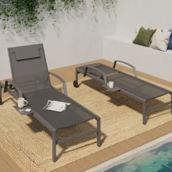 Lot de 2 transats de jardin inclinables avec tablettes en acier gris et toile grise