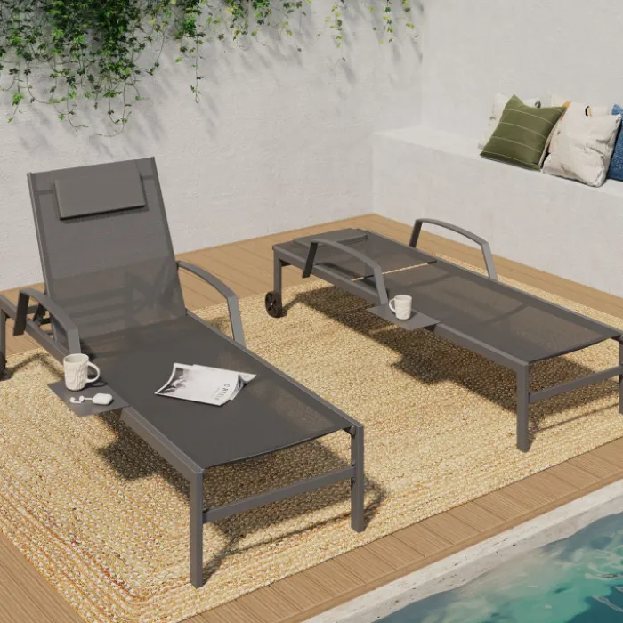 Lot de 2 transats de jardin inclinables avec tablettes en acier gris et toile grise