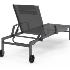 Lot de 2 transats de jardin inclinables avec tablettes en acier gris et toile grise