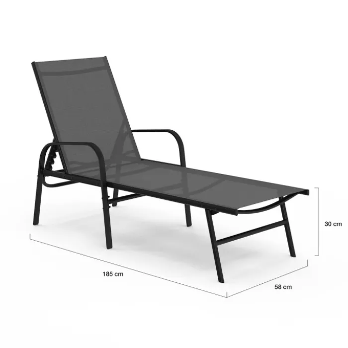 Lot de 2 transats inclinables pour jardin en acier noir et toile grise